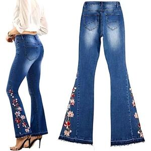 EMBROIDERED Floral Flare Leg Denim Blue Jeans #Bohemian Inspired